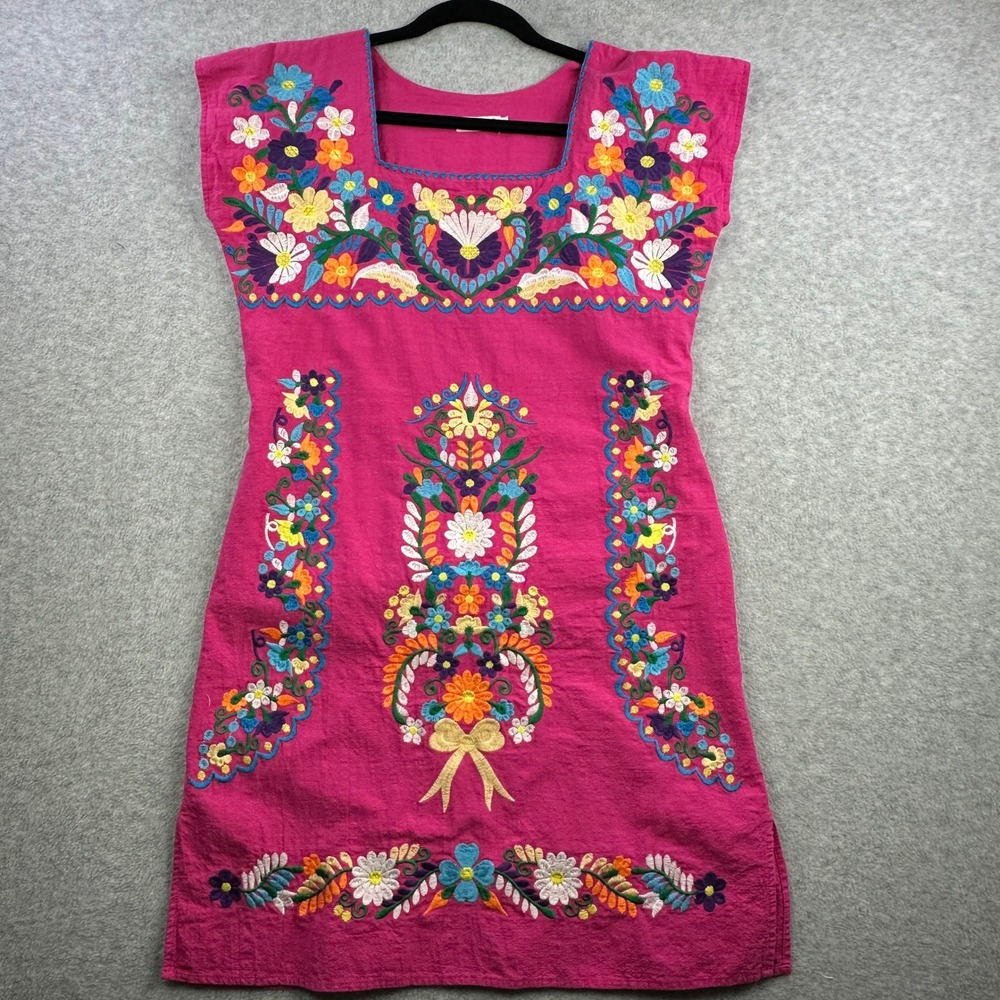 YZXDORWJ Pink Cotton Floral Embroidered Mexican Boho Shift Dress Medium - Picture 14 of 14